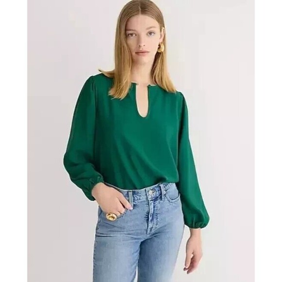 J.Crew Puff Sleeve Satin Back Crepe Top Sz M Green Long Sleeve Keyhole Neck New - Picture 1 of 12